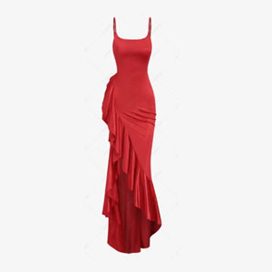 Women's Sexy Elegant Solid Color Ruffles Thigh High Split Spaghetti Strap Maxi Cami Dress For Party Prom Gown - Red S