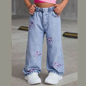 Young Girls Casual Adorable Vintage Washed Light Blue Snow Flake Denim Jeans With Pink Bow Embroidery